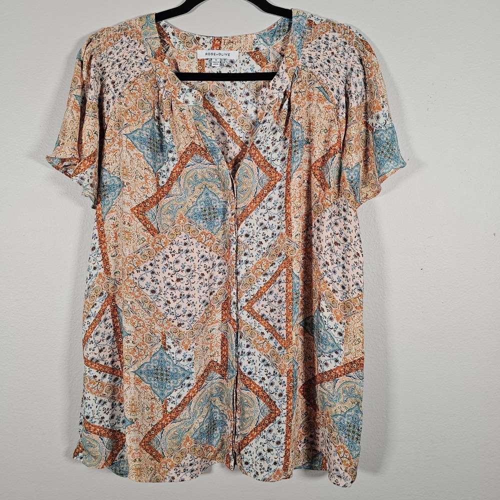 Rose + Olive Womens 1X Floral Blouse Smocked Shoulder Flutter Sleeve V Neck Boho